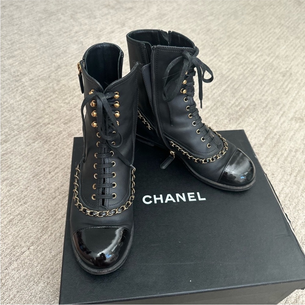 CHANEL Black and Gold Lace Up Boots with Gold Hardware
